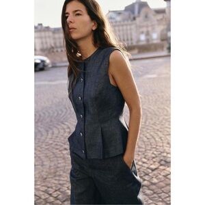 NWOT Zara Linen Front Button Dart Vest Sleeveless Women's S Light Indigo Blue